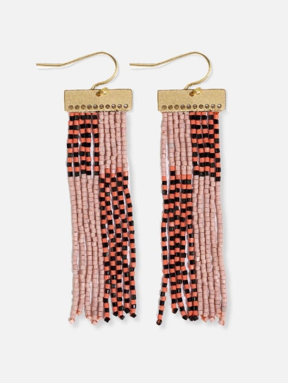 Lana Rectangle Hanger Colorblocks With Stripes Beaded Fringe Earrings Blush